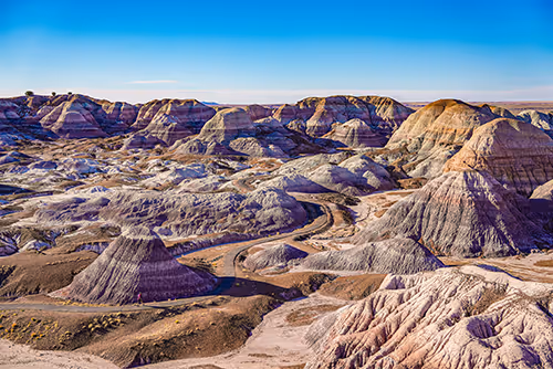 Colorful layered rock formations in the Petrified Forest under a clear blue sky.